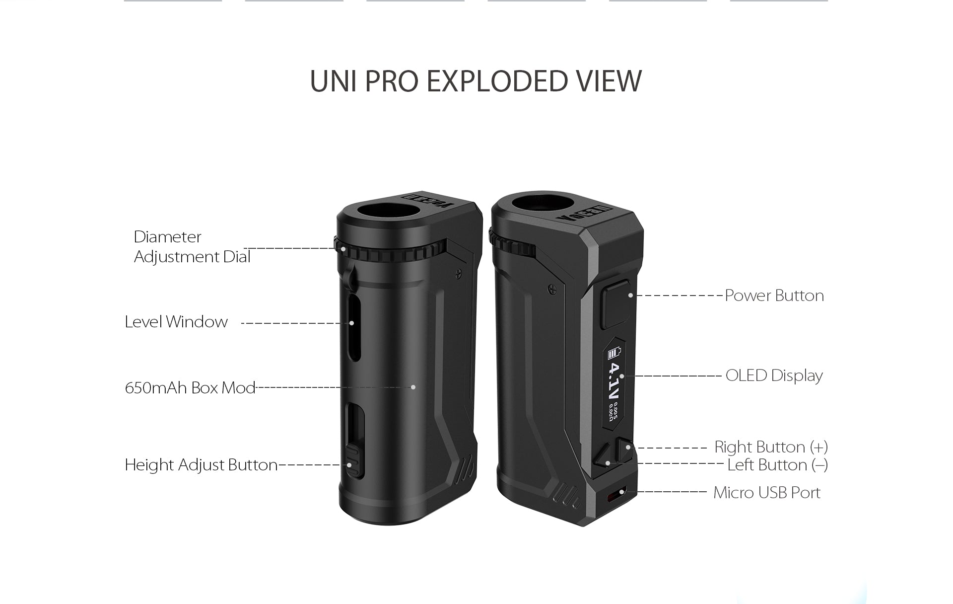 Uni Pro 2.0 Box Mod Vaporizer Battery by Yocan - Exploded View - for Mobile Devices